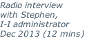 Radio interview  with Stephen,  I-I administrator Dec 2013 (12 mins)